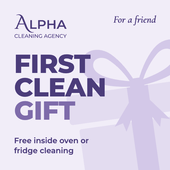 Alpha Cleaning Agency first-clean gift card for a friend — free inside oven or fridge cleaning