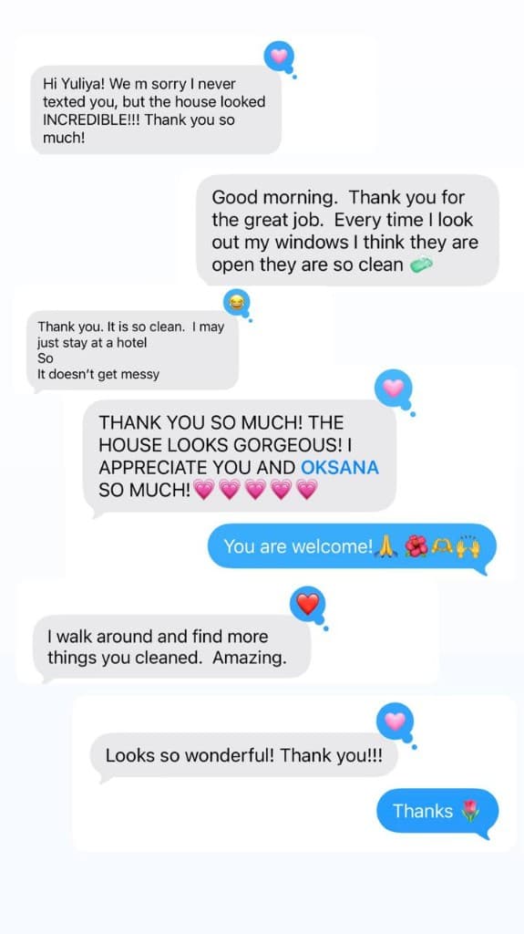 Text messages from Alpha Cleaning Agency clients thanking the team for a spotless home