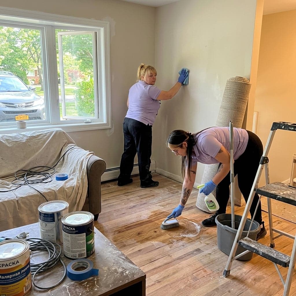 Alpha Cleaning Agency specialists wiping walls and scrubbing floors during post-construction cleanup in a Buffalo-area home after painting